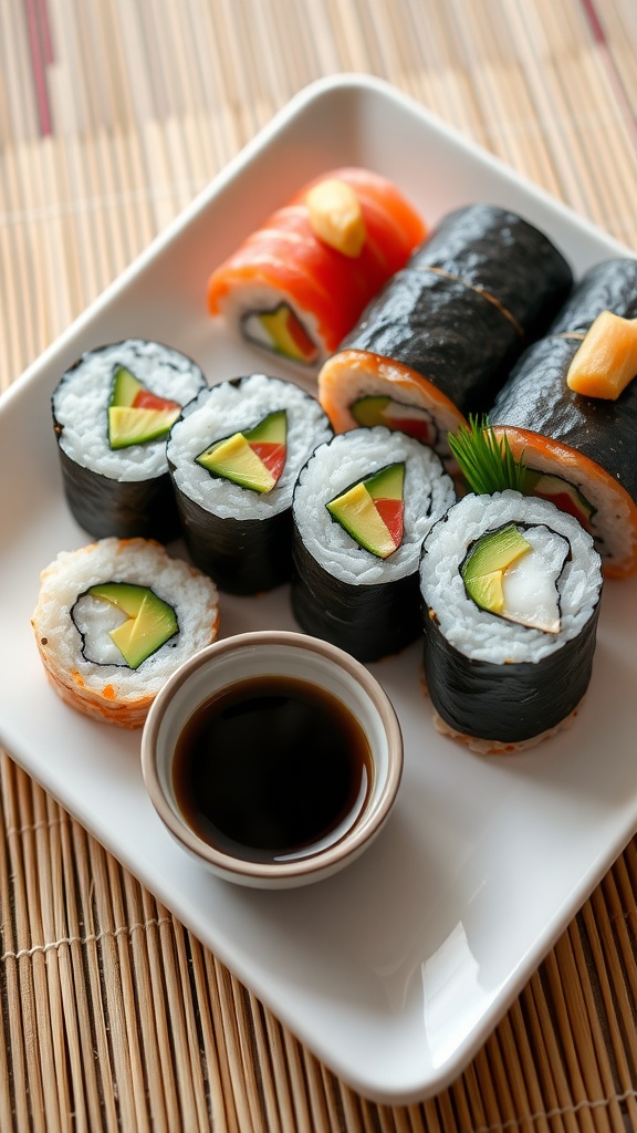 Elegant sushi rolls with fresh fish, avocado, and cucumber on a plate with soy sauce and garnishes.